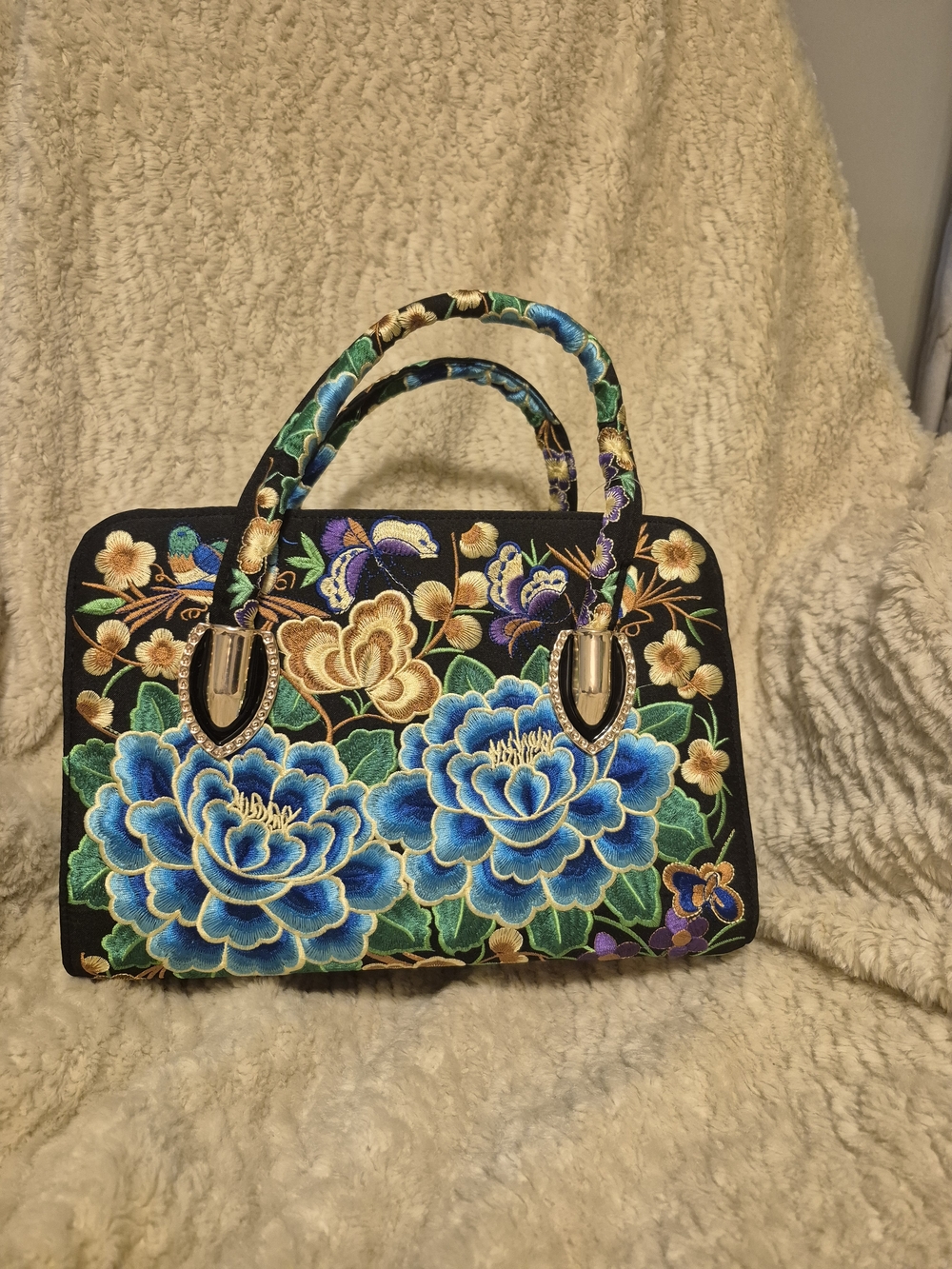 Embroidered Floral Tote Bag in Blue and Green